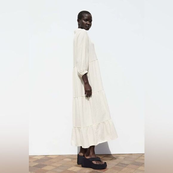 ZARA BOHO LINEN BLEND TIERED MIDI DRESS - Picture 14 of 15